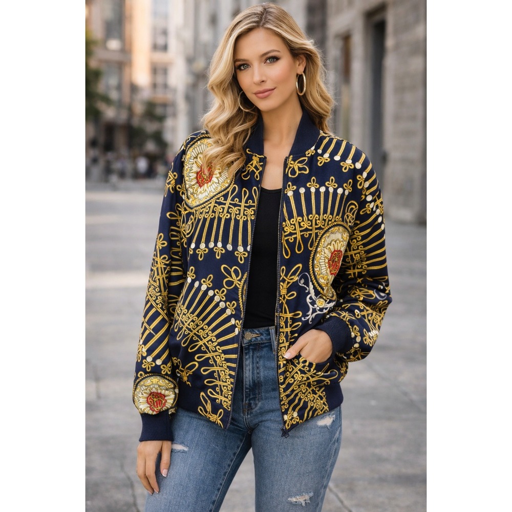 Jacqueline Jourdan‎ Navy Blue Gold Baroque Print Bomber Jacket One Size